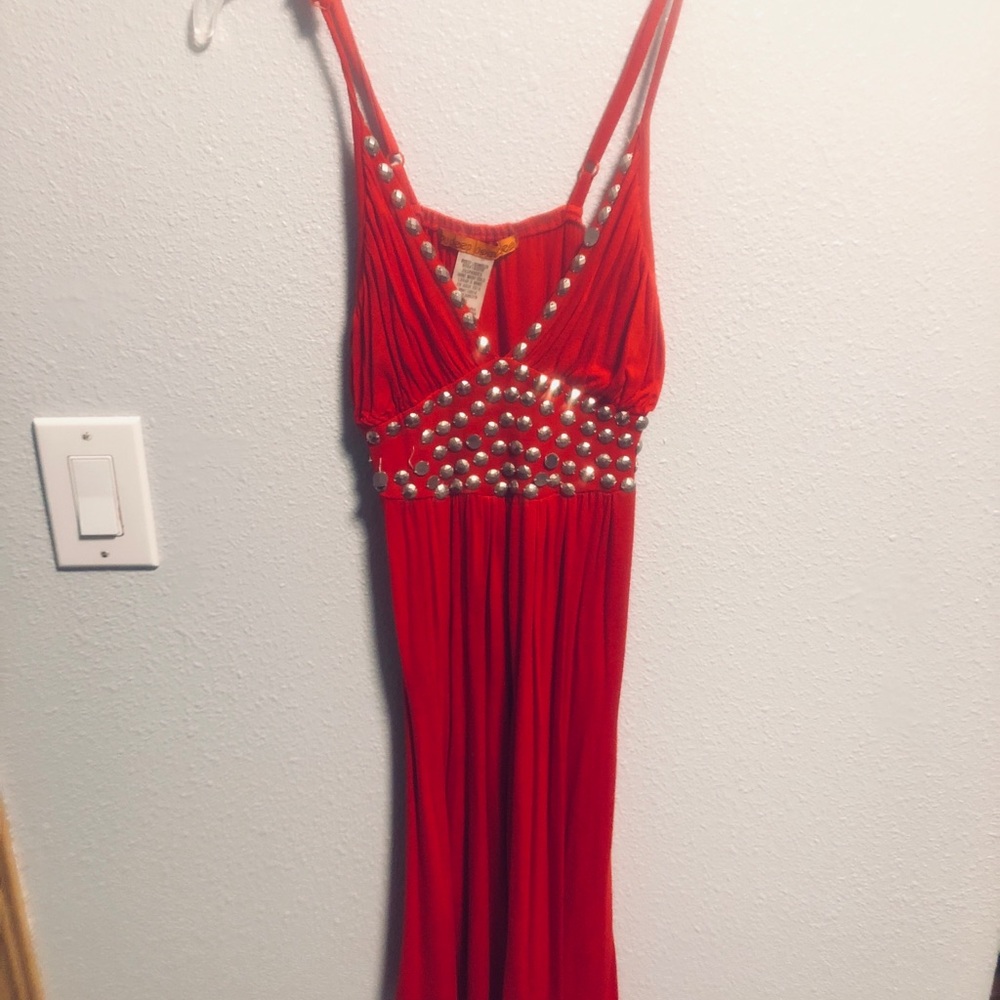 Red Stud-Embellished Sleeveless Maxi Dress